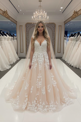 Elegant Long A-line V-neck Tulle Lace Backless Wedding Dresses