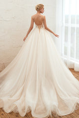 Elegant Long Appliques Lace Tulle A-line Wedding Dress