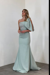 Elegant Long One Shoulder Mermaid Satin Ruffle Floor Length Prom Dress