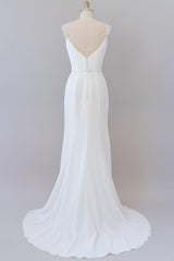 Elegant Long Tulle Lace Ruffle Beading Chiffon Sheath Wedding Dress