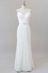 Elegant Long Tulle Lace Ruffle Beading Chiffon Sheath Wedding Dress