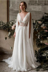 Elegant Long V-Neck A-Line Chiffon Ruffles Wedding Dresses