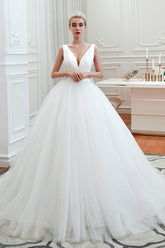 Elegant Long V-neck Lace-up Ruffle Tulle A-line Wedding Dress