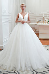 Elegant Long V-neck Lace-up Ruffle Tulle A-line Wedding Dress