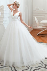 Elegant Long V-neck Lace-up Ruffle Tulle A-line Wedding Dress