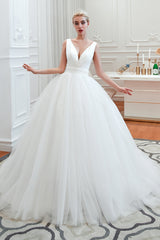Elegant Long V-neck Lace-up Ruffle Tulle A-line Wedding Dress