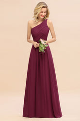 Elegant Mulberry A-line Chiffon Ruffles One Shoulder Long Bridesmaid Dress
