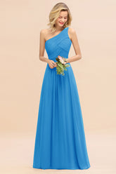 Elegant Ocean Blue A-line Chiffon Ruffles One Shoulder Long Bridesmaid Dress