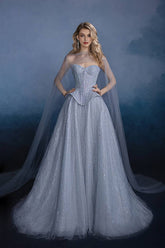 Elegant Sweetheart Strapless A-line Tulle Evening Dress with Rhinestones