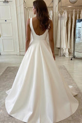 Elegant Long Wide Straps V-neck Ruffles Floor Length A-Line Satin Wedding Dress