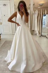 Elegant Long Wide Straps V-neck Ruffles Floor Length A-Line Satin Wedding Dress