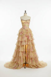 Lively Floral Strapless A-line Long Prom Dress with Split
