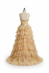 Lively Floral Strapless A-line Long Prom Dress with Split