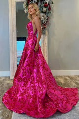 Fuschia Strapless Sleeveless A-line Prom Dress with Split