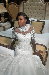 Gorgeous Long Mermaid Beads Lace Appliques High Neck Wedding Dresses with Sleeves