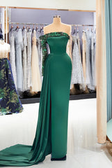 Gorgeous Long Mermaid Satin Front Slit Prom Dress with Sleeves