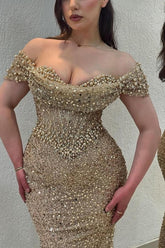 Long Mermaid Off the Shoulder Sequins Tulle Beaded Formal Evening Dresses