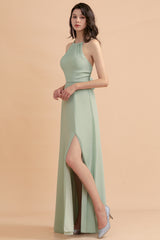 Long Halter A-Line Backless Wedding Guest Dress With Side Slit