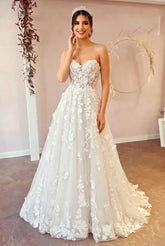 Ivory A-Line Sweetheart Off the Shoulder Tulle Long Wedding Dress with Flowers