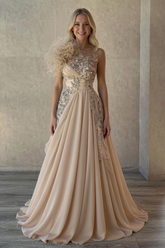 Long A-Line Sweetheart One Shoulder Chiffon Prom Dresses with Flowers