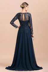 Long A-line Floor Length Tulle Lace Mother Of Bride Dresses with Sleeves