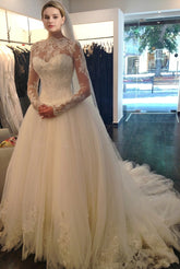 Long A-line Jewel Neck Court Train Lace Tulle Ivory Wedding Dresses with Sleeves
