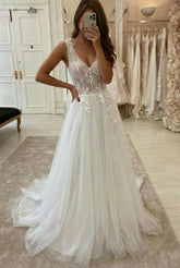 Long A-line Lace-up V-neck Appliques Tulle Wedding Dress