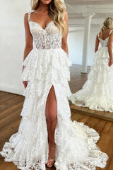 A-line Sweetheart Long Tulle Lace White Prom Dress with Slit