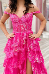 A-line Off the Shoulder Long Tulle Lace Hot Pink Prom Dress with Slit