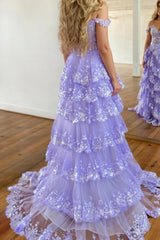 A-line Off the Shoulder Long Tulle Lace Front Slit Prom Dress