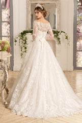 Long A-line Off the Shoulder Tulle Lace Ruffles Wedding Dresses