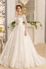 Long A-line Off the Shoulder Tulle Lace Ruffles Wedding Dresses