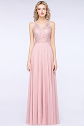 Long A-line V-neck Chiffon Lace Sleeveless Bridesmaid Dress