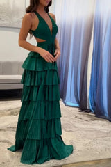 Dark Green Long A-line V-neck Open Back Prom Dress