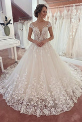 Long Appliques Lace A-Line Sweetheart Tulle Floor Length Wedding Dress