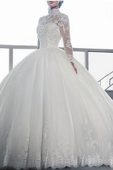 Long Ball Gown High Neck Court Train Tulle Wedding Dresses with Sleeves