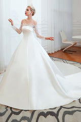 Long Ball Gown Off The Shoulder Lace Satin Wedding Dress with Sleeves
