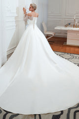 Long Ball Gown Off The Shoulder Lace Satin Wedding Dress with Sleeves
