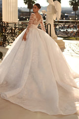 Long Ball Gown Sweetheart Tulle Lace Appliques Wedding Dresses with Sleeves