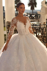 Long Ball Gown Sweetheart Tulle Lace Appliques Wedding Dresses with Sleeves