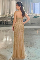 Long Gold Mermaid Strapless Sweetheart Formal Evening Dress with Beads