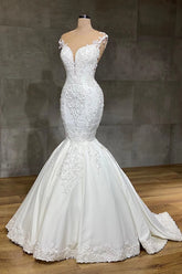 Long Lace V-neck Sleeveless Mermaid Wedding Dresses