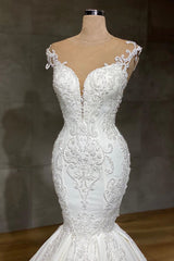 Long Lace V-neck Sleeveless Mermaid Wedding Dresses