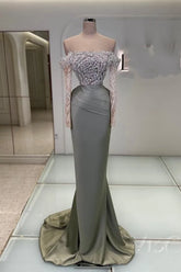 Long Mermaid Off the Shoulder Satin Beadings Prom Dresses with Sleeves