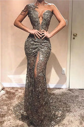 Long Mermaid One Shoulder Tulle Lace Formal Prom Dress with Slit