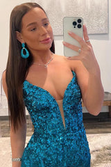 Long Mermaid V-neck Sequin Front Slit Prom Dress