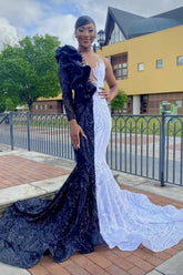 Long Mermaid V-neck One Shoulder Prom Dress with Sleeves