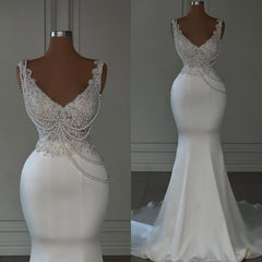 Long Mermaid V-neck Satin Lace White Prom Dresses