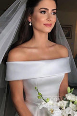 Long Off the Shoulder Covered Button A-line Satin Wedding Dresses