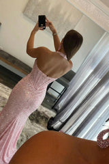 Long Pink Sleeveless Halter Sequined Mermaid Prom Dress